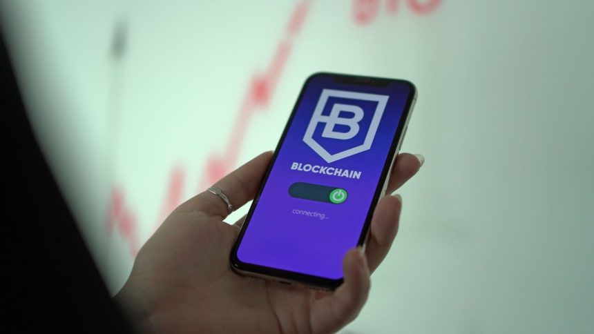 Mão segurando um smartphone exibindo uma carteira de criptomoedas em blockchain.